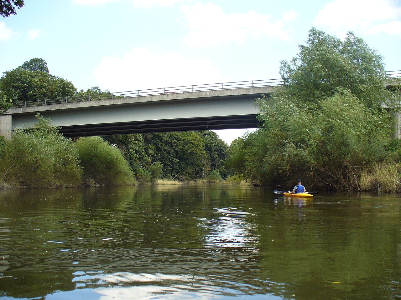 The A5 where it bridges the River Severn near Shrewsbury, the stretch of Shropshire highway on which the 1966 encounter was reported. No photograph of the object exists, so this is a locator of the road.
