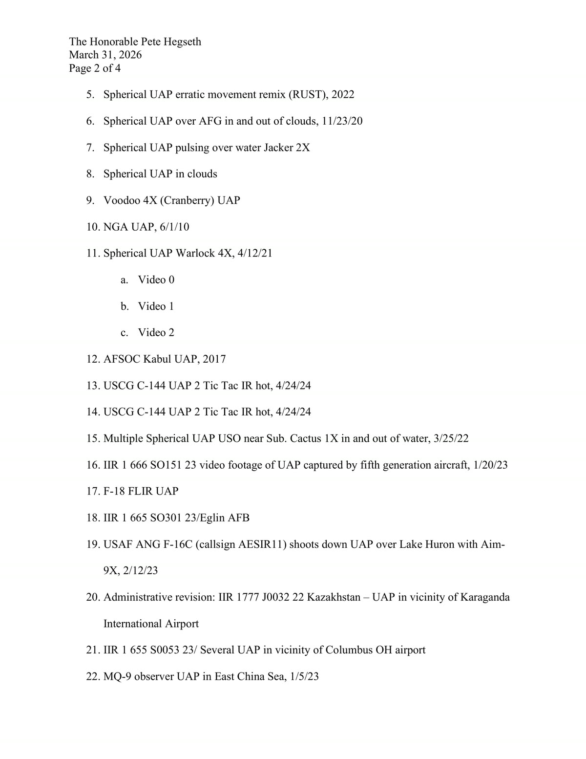 Page two of the Task Force letter of 31 March 2026. Items 5 to 22 name the callsigns in the clear, including "Spherical UAP pulsing over water Jacker 2X", "Multiple Spherical UAP USO near Sub. Cactus 1X in and out of water, 3/25/22" and the Lake Huron entry naming callsign AESIR11 and the Aim-9X. None of these callsigns appears anywhere in the 450 published PURSUE records.