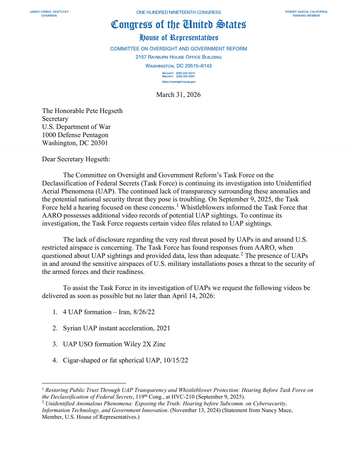 Page one of the Task Force letter, setting out the basis for the request: a hearing on 9 September 2025, whistleblowers reporting that AARO held further video, and a finding that AARO responses had been "less than adequate". The delivery deadline was 14 April 2026.
