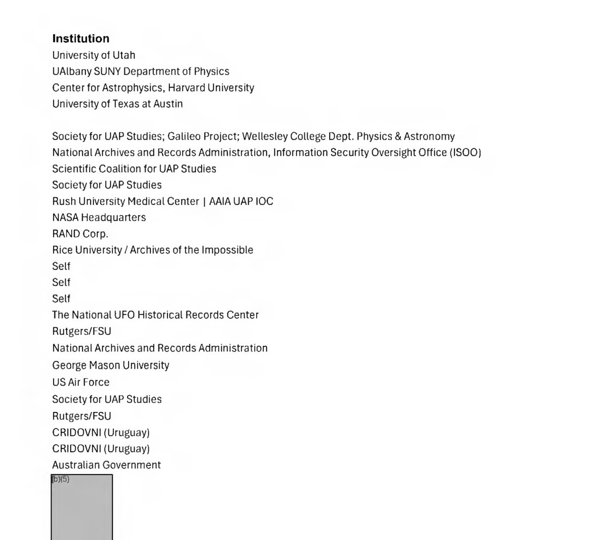 The attendee roster as released. Every name, first name, email and job title is covered by mass (b)(6) redactions on the adjacent pages, leaving only the institution column, which ends with two rows for CRIDOVNI (Uruguay) and one reading Australian Government. The grey (b)(5) block beneath withholds an unknown number of further institutions.