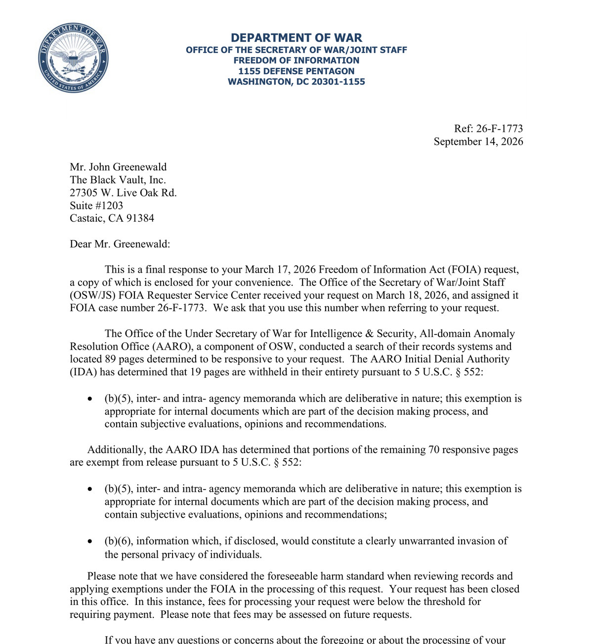 Page one of the Department of War determination letter in FOIA case 26-F-1773, dated 14 September 2026, recording that AARO located 89 responsive pages on its 2025 UAP workshop and withheld 19 of them in their entirety under the deliberative process exemption.