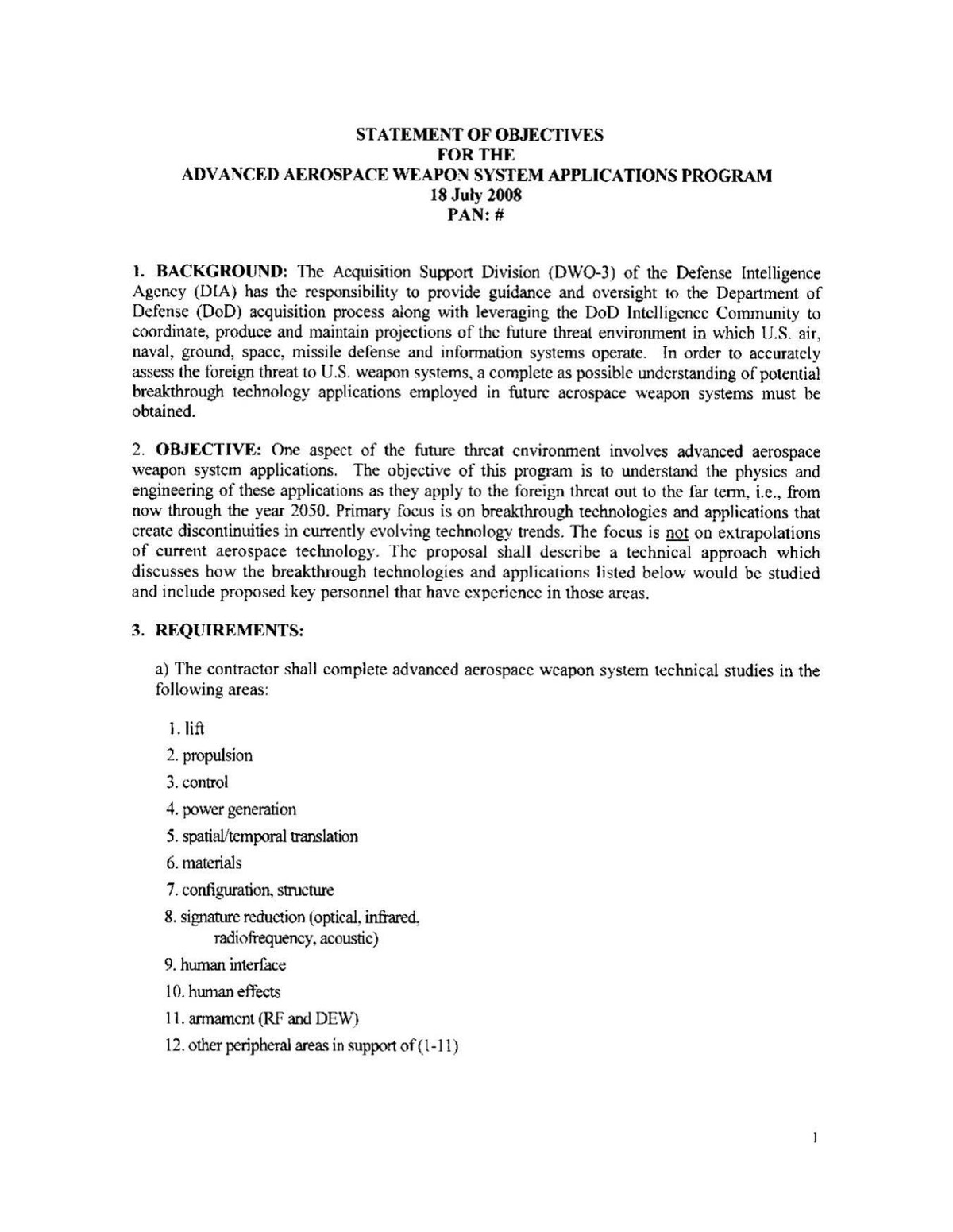 Page one of the Statement of Objectives for the Advanced Aerospace Weapon System Applications Program, dated 18 July 2008 and released as DOW-UAP-D110. Section 2 sets the program horizon as "from now through the year 2050" and restricts it to breakthrough technologies "that create discontinuities in currently evolving technology trends". Section 3 begins the numbered list of twelve required study areas whose fifth entry is spatial and temporal translation.