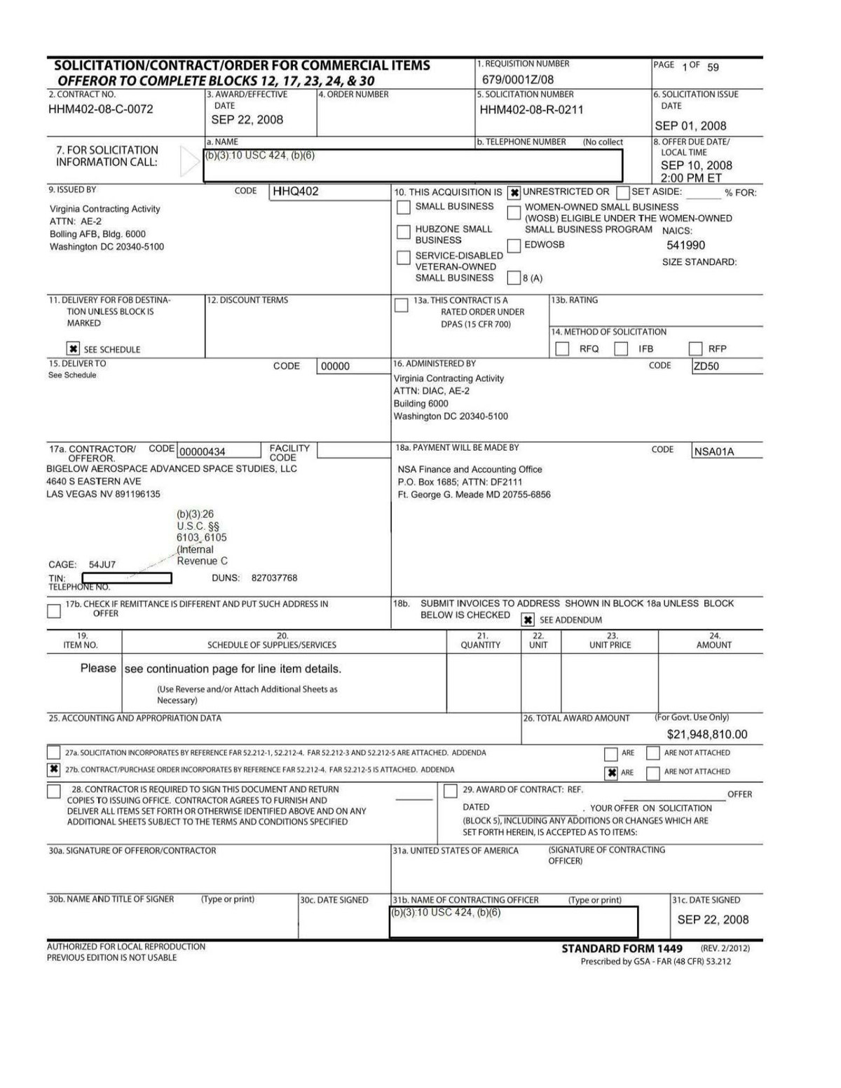Page one of contract HHM402-08-C-0072, the award document for the Advanced Aerospace Weapon System Applications Program, released by the Department of War on 18 September 2026 as DOW-UAP-D111. Block 17a names the contractor as Bigelow Aerospace Advanced Space Studies, LLC of Las Vegas, Nevada. Block 26 gives the total award amount as $21,948,810.00. Block 18a shows that payment was to be made by the NSA Finance and Accounting Office at Fort George G. Meade, Maryland.