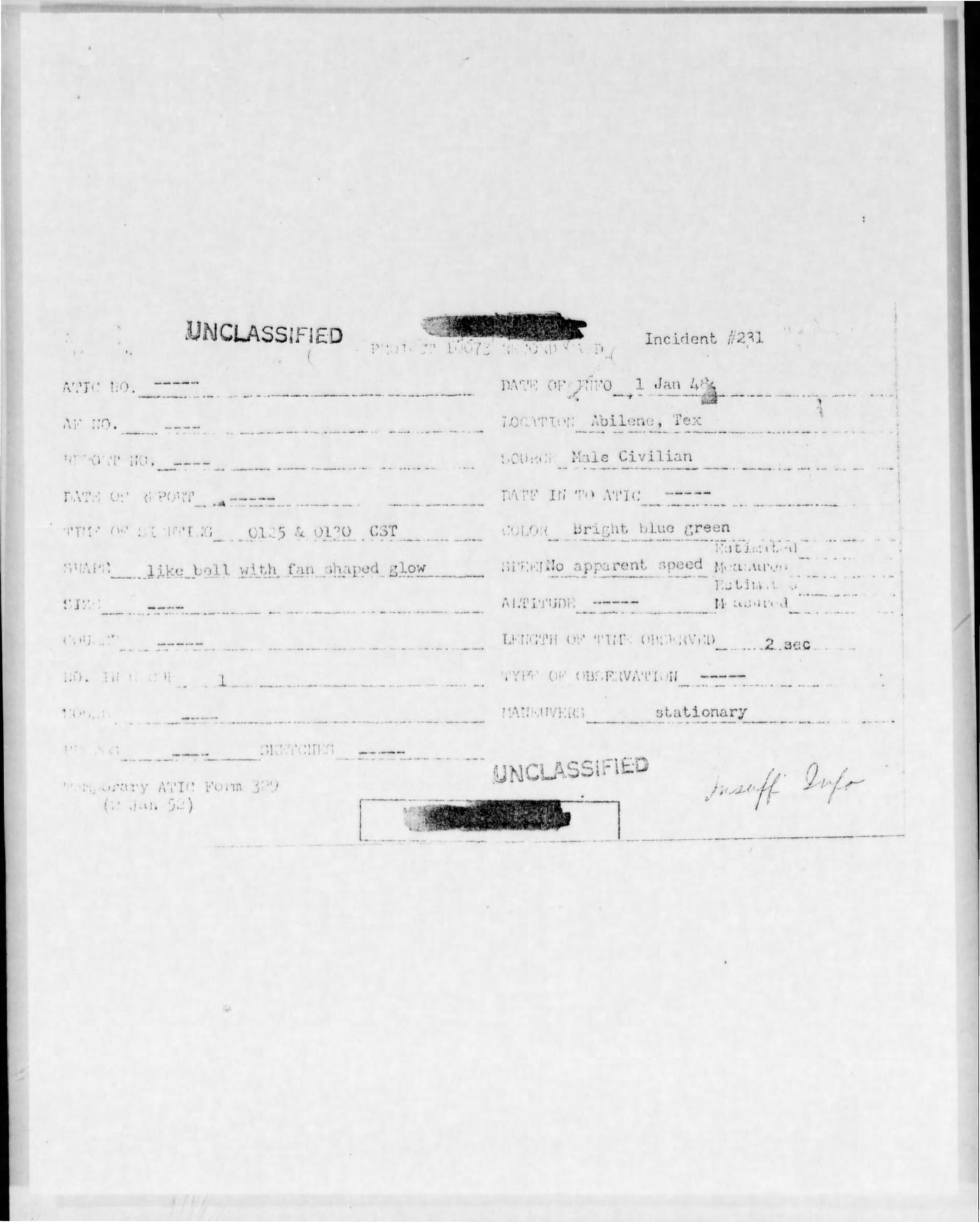 The PROJECT 10073 RECORD CARD for Incident #231, on a Temporary ATIC Form 329 dated 22 January 1952. It fixes the times as "0125 & 0130 CST", the source as "Male Civilian", the object as "like bell with fan shaped glow" in "Bright blue green", stationary, observed for "2 sec". The Air Force's final evaluation is the handwritten note in the lower right corner: "Insuff Info". Project Blue Book microfilm, Internet Archive (public domain).
