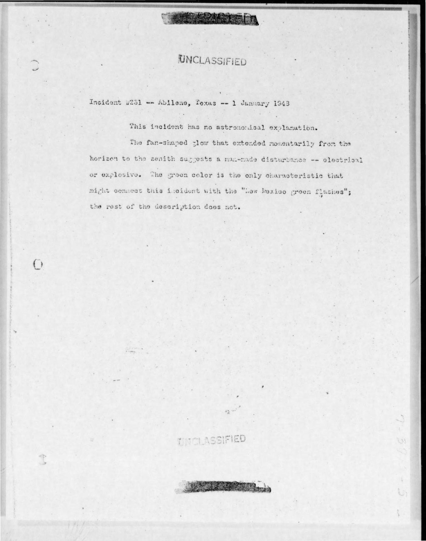 J. Allen Hynek's astronomical evaluation of Incident 231, extracted from the Project Grudge report. In four sentences it rules out the astronomical category outright ("This incident has no astronomical explanation"), suggests a man made electrical or explosive cause, and explicitly limits the comparison with the "New Mexico green flashes" to the colour alone. Project Blue Book microfilm, Internet Archive (public domain).