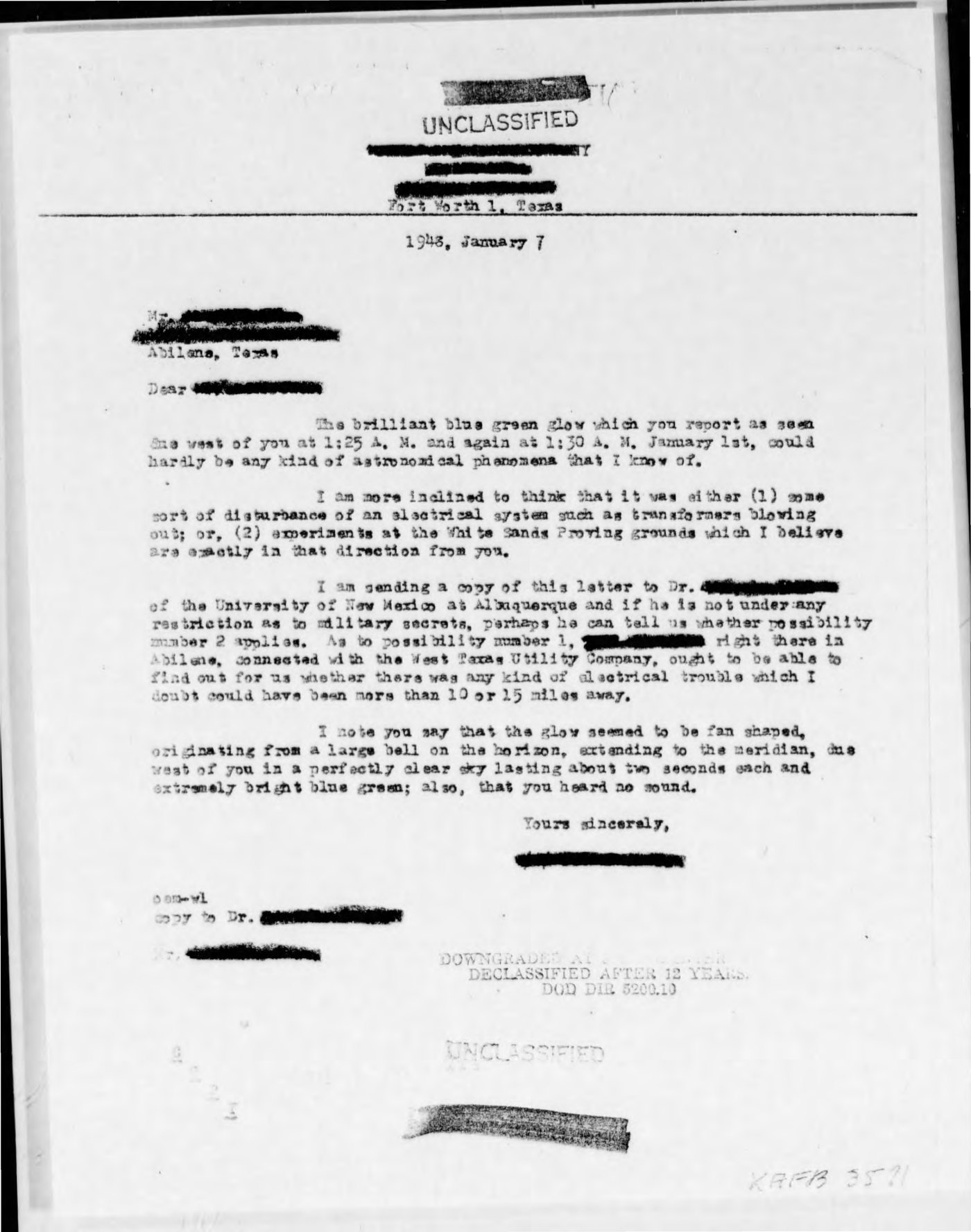 The letter of 7 January 1948, written from Fort Worth 1, Texas, that brought the sighting into the Air Force file. It rejects an astronomical cause, proposes an electrical fault or White Sands experiments, and names two contacts who were asked to check. Every name is redacted on this copy. Project Blue Book microfilm, Internet Archive (public domain).