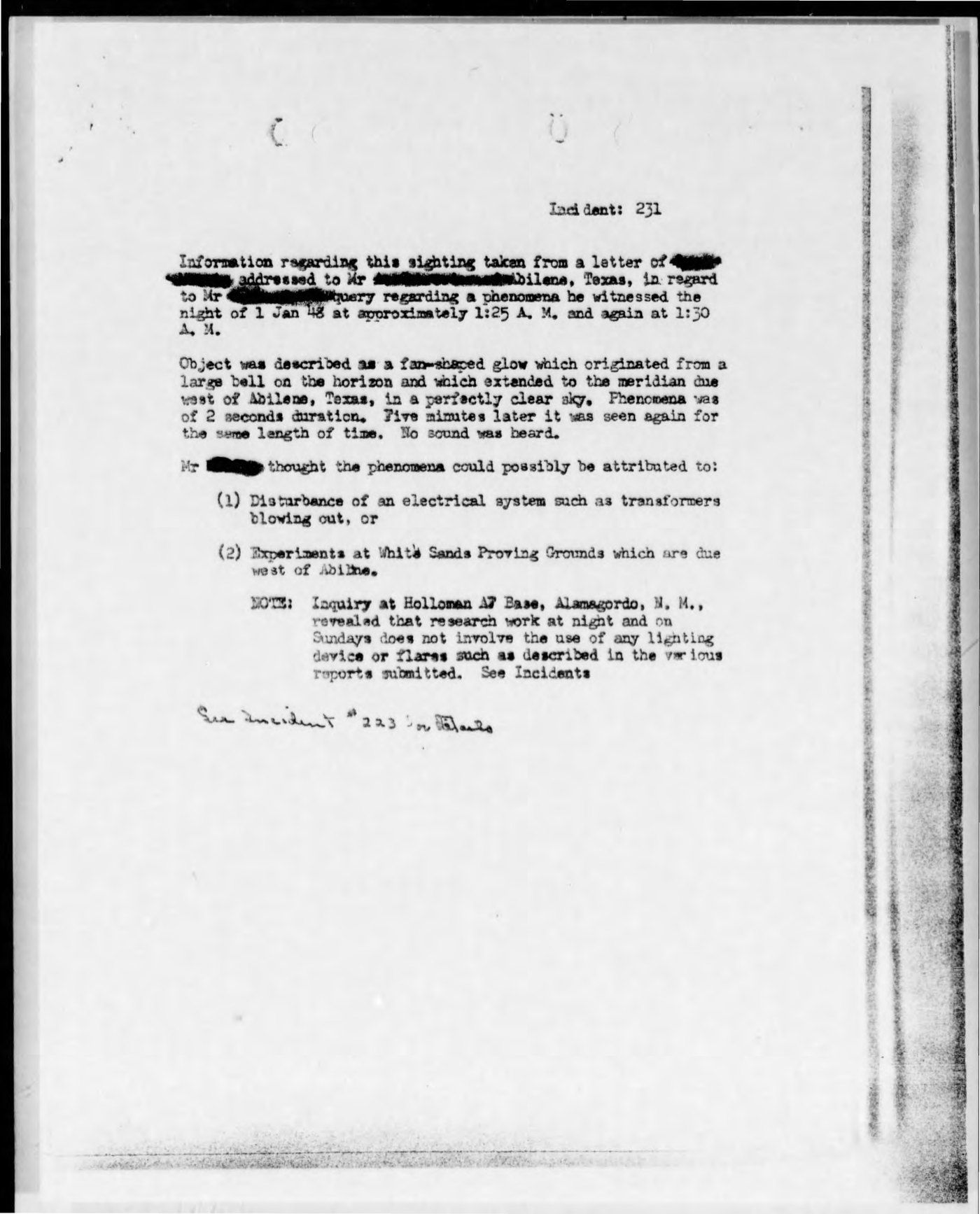 The summary page for Incident 231, recording the fan shaped glow rising from "a large bell on the horizon", the two second duration, the repeat five minutes later, and the witness's two proposed causes. The note at the foot records the Holloman Air Force Base inquiry into night and Sunday research at White Sands. Project Blue Book microfilm, Internet Archive (public domain).