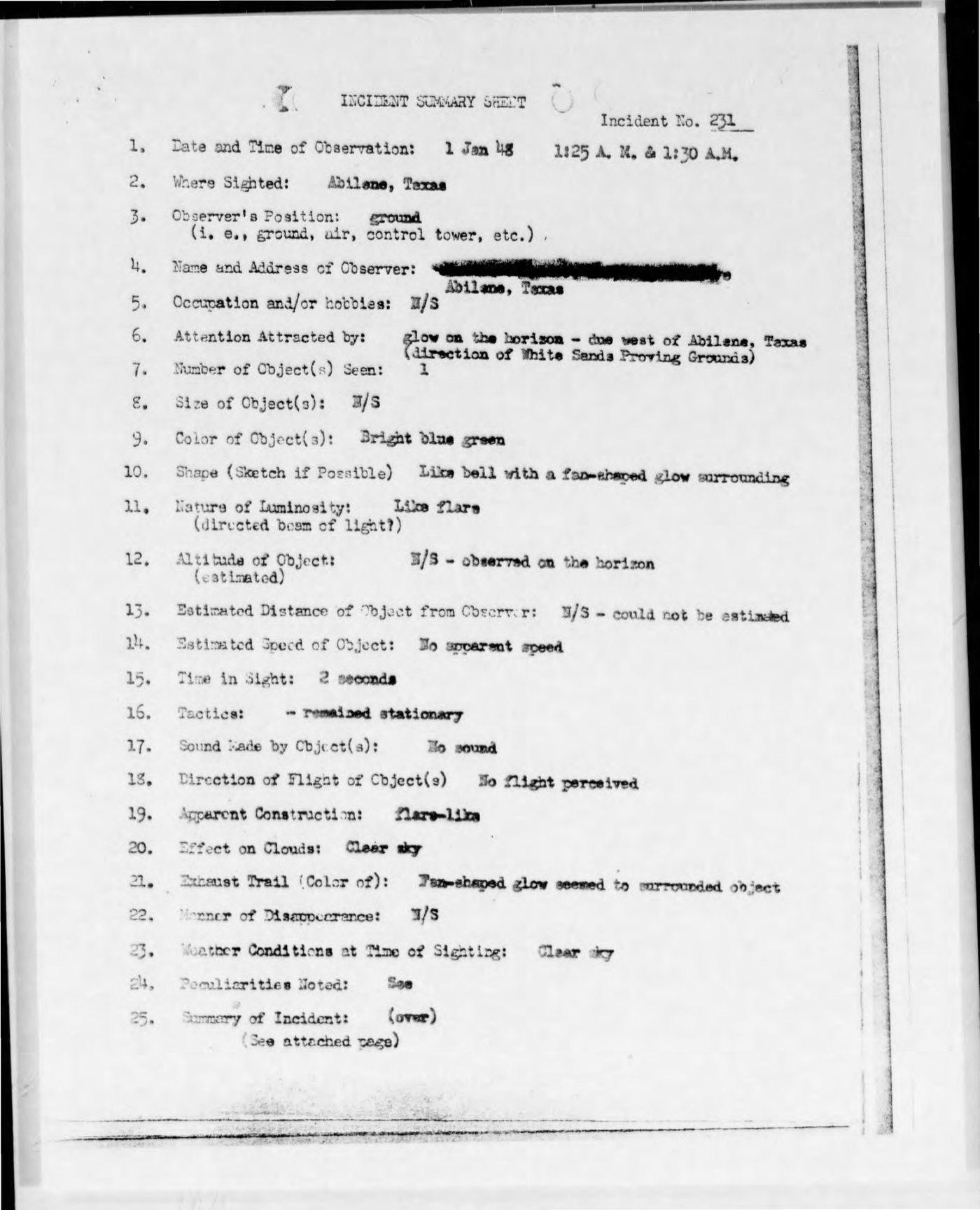 The INCIDENT SUMMARY SHEET for Incident No. 231, Abilene, Texas, 1 January 1948. The twenty five numbered fields record the object as one bright blue green light, "Like bell with a fan-shaped glow surrounding", seen for two seconds on a clear horizon with no sound, no apparent speed and no flight perceived. Field 4, the observer's name and address, is blacked out on this microfilm copy.