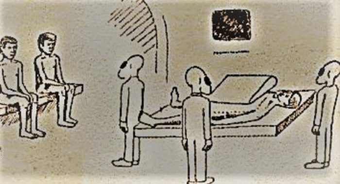 A drawing of the alleged on-board examination from the Allagash case, derived from the sketches the four witnesses (Jack and Jim Weiner, Charlie Foltz and Chuck Rak) produced during Raymond Fowler's investigation, showing the thin large-eyed beings around the table.
