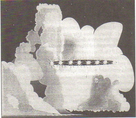 First Officer John J. Waller's own 1995 drawing of the object as the Flight 564 crew saw it: a dark, elongated cigar shape carrying a horizontal row of strobing lights, silhouetted against lightning-lit thunderclouds. This is the witness's contemporaneous sketch, not a photograph or a later illustration.