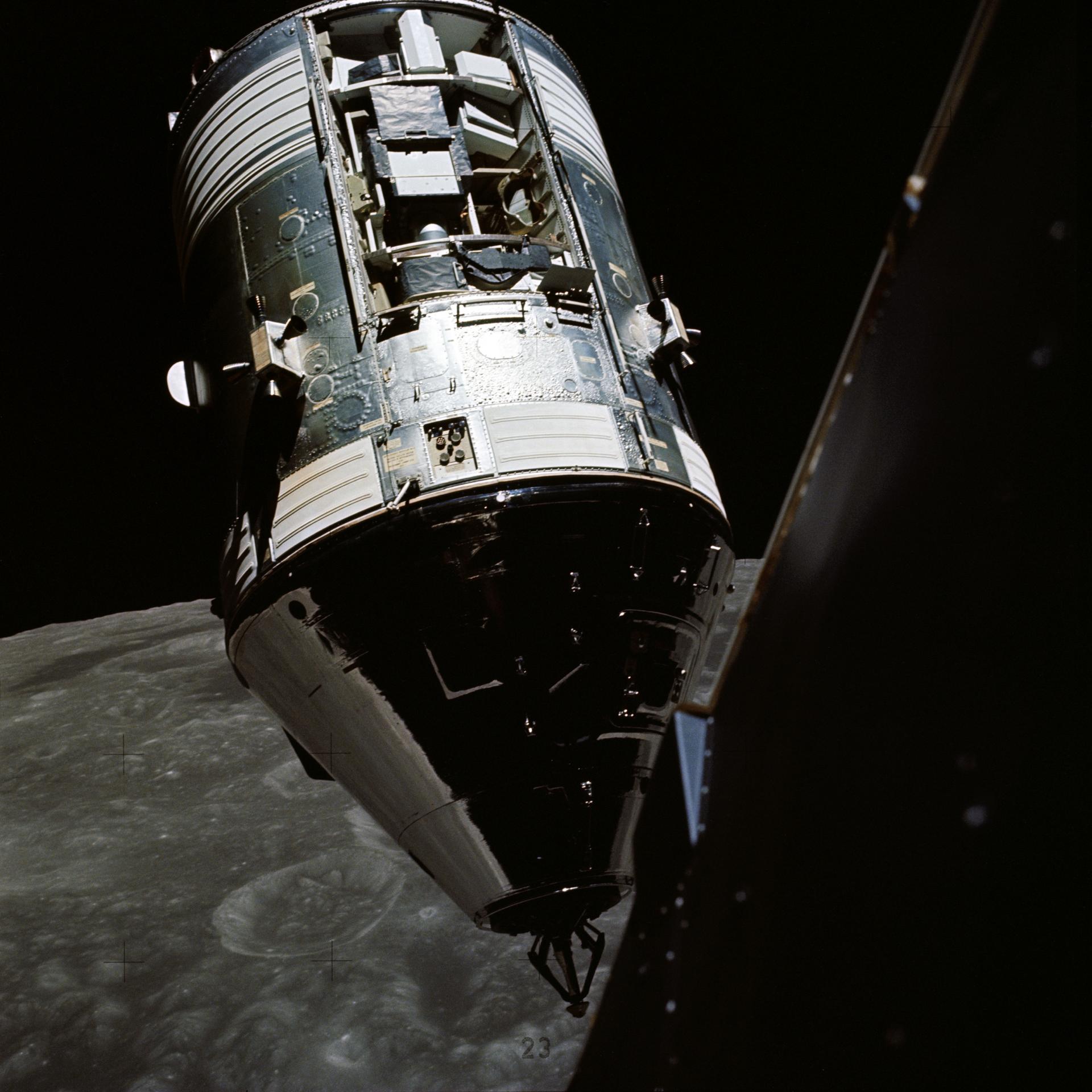 The Apollo 17 Command and Service Module America, photographed from the Lunar Module in lunar orbit in December 1972, the spacecraft and black-space setting in which the crew reported bright drifting particles and lights. This is a NASA mission photograph, not the PURSUE anomaly frame (NASA-UAP-VM6), which remains on war.gov/UFO.