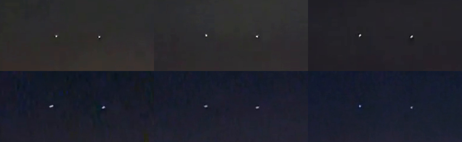 Six moments from the tracked window, 0.33 to 1.97 seconds, each centred on the pair. The separation holds at 86.2 pixels with a standard deviation of 2.95 pixels and the axis joining the two lights stays within about one degree of horizontal throughout.