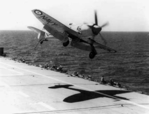 A Royal Australian Navy Hawker Sea Fury launching from the carrier HMAS Sydney, the same type of fighter Lieutenant O Farrell was flying when two fast objects paced him in 1954. No photograph of the objects exists; this is the aircraft type involved.