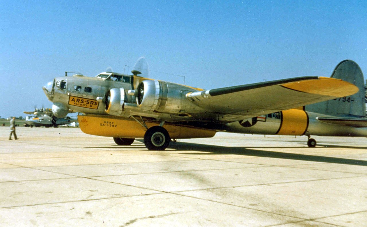 A US Air Force Boeing SB-17G of the 5th Rescue Squadron, Flight D. This is the air-sea rescue conversion of the B-17 Flying Fortress, carrying an underslung droppable lifeboat. It is the exact aircraft type the witness said he was ferrying when he reported the 1947 encounter. This is a real period US Air Force photograph of the aircraft type, not a depiction of the sighting itself; no photograph of the actual event exists because the witness said he never lifted the movie camera in his lap.