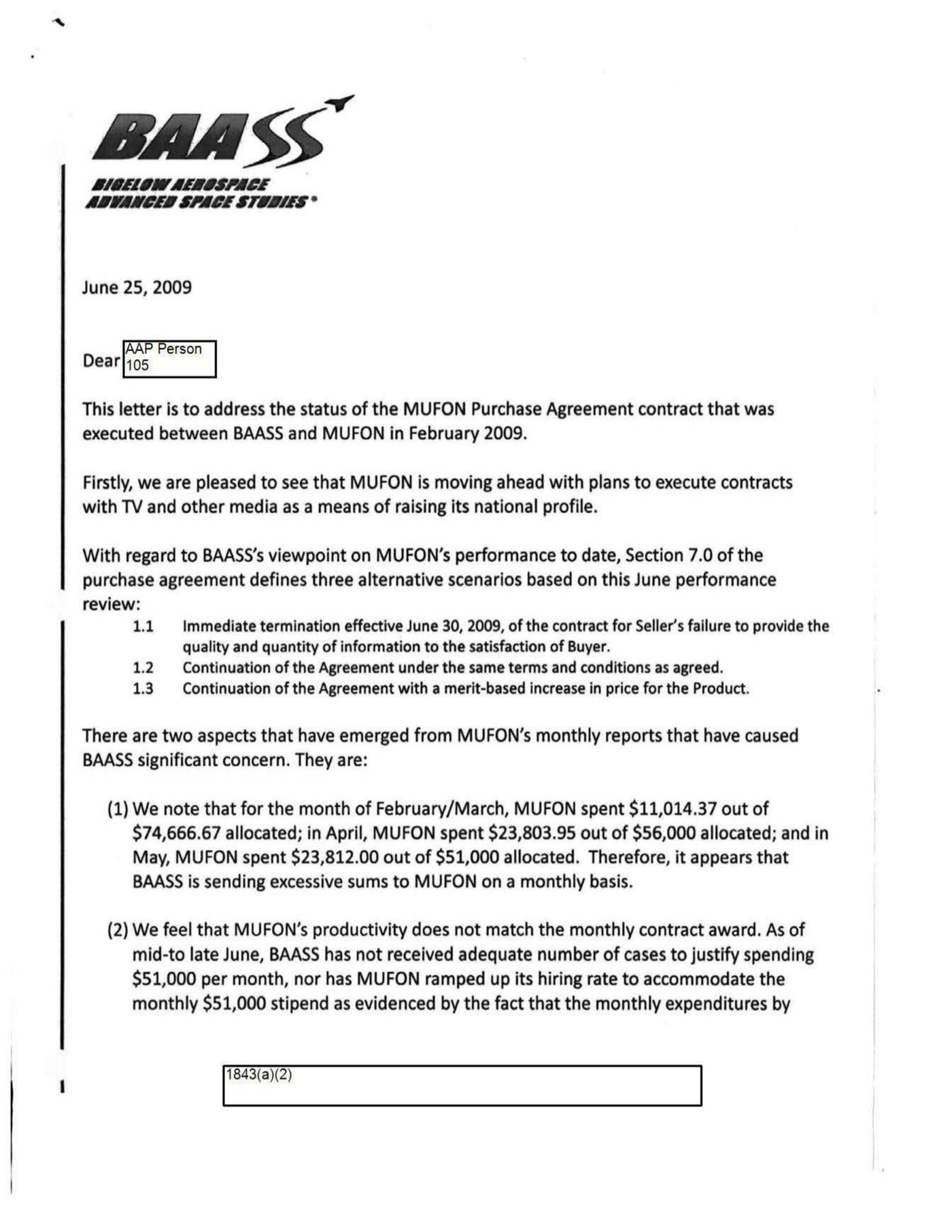 The BAASS Purchase Agreement with MUFON and Its Funding Review of June 2009