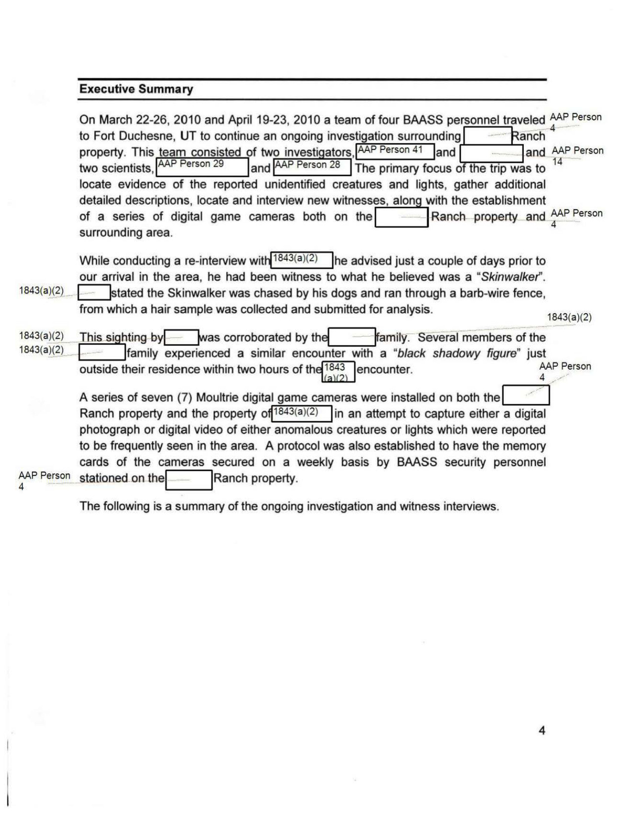 Executive summary of the BAASS Utah Ranch Investigation (DOW-UAP-D174), recording two 2010 field deployments, the installation of seven Moultrie digital game cameras, and a hair sample collected from a barbed wire fence after a reported Skinwalker sighting (public domain).