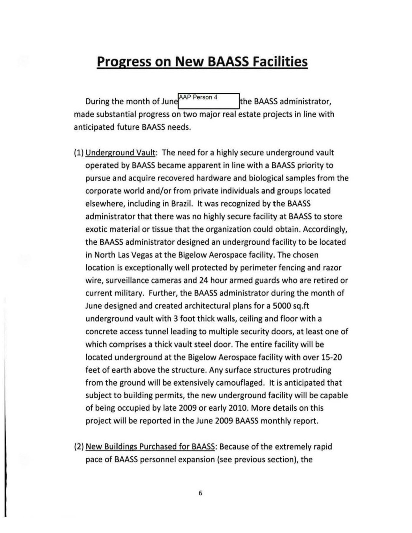The page of the BAASS June 2009 monthly report headed Progress on New BAASS Facilities, setting out the stated purpose of the underground vault, its dimensions, its construction and its anticipated occupancy date. The personal identifier is withheld under code 1843(a)(2).