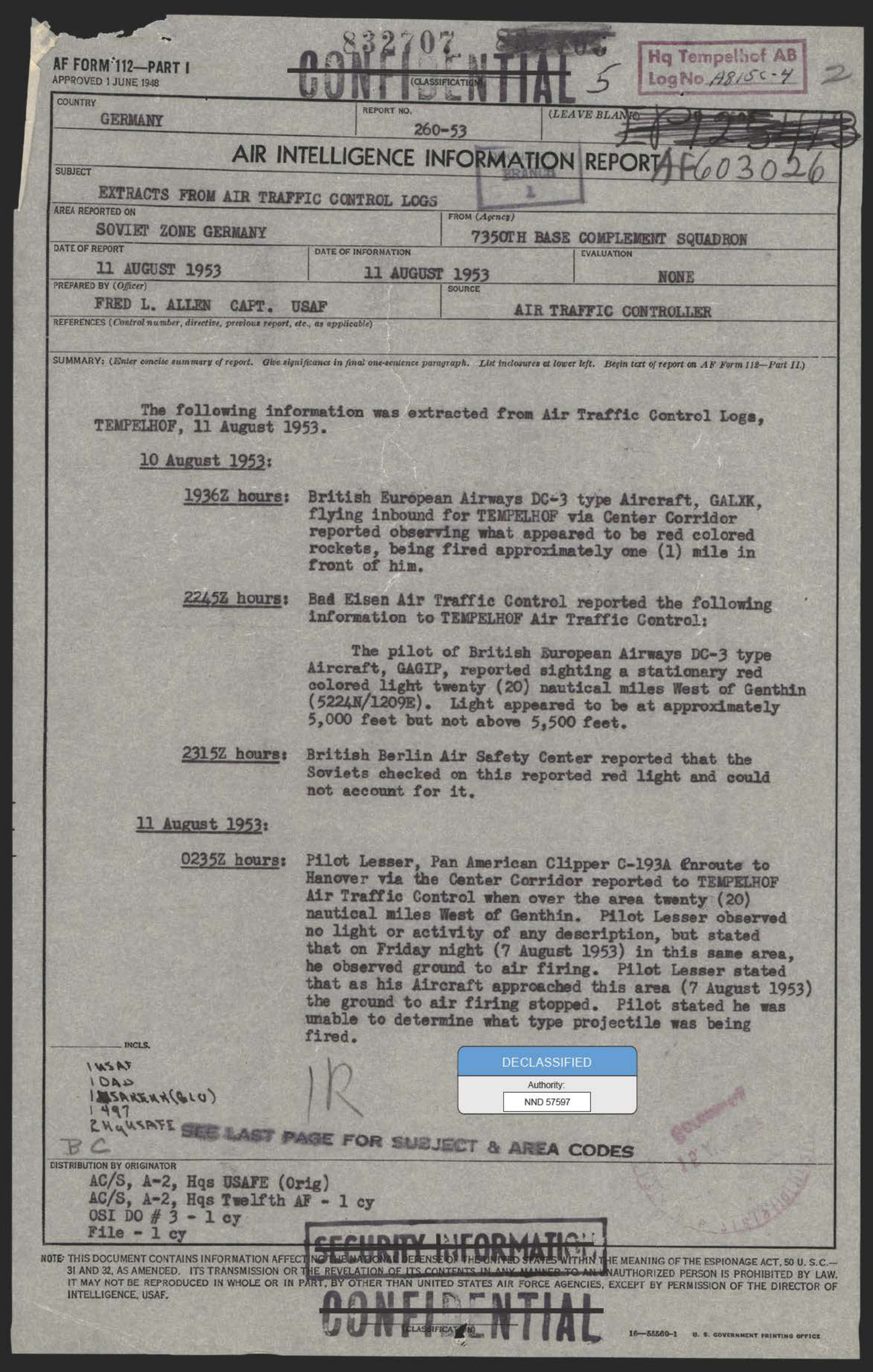 DOW-UAP-D159, the single-page Air Intelligence Information Report transcribing the Tempelhof air traffic control log entries for 10 and 11 August 1953, including the 2315Z line recording that the Soviets could not account for the reported red light.