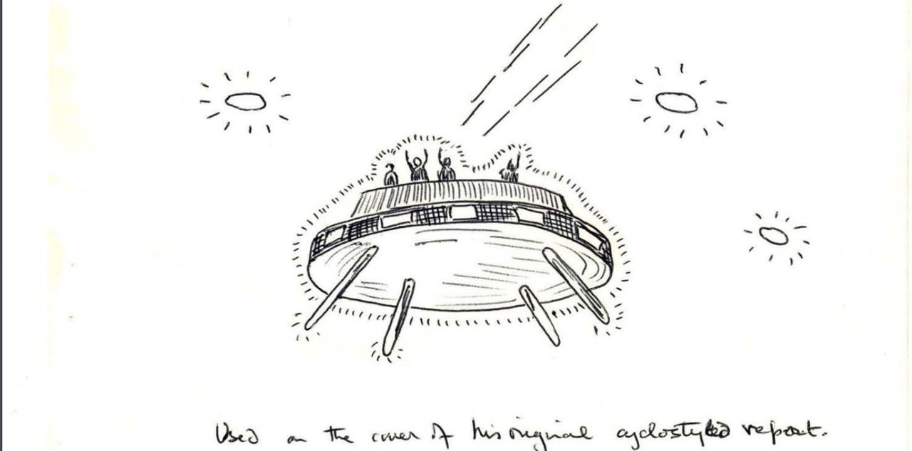 Father William Gill's own hand drawing of the Boianai object, a wide-based disc on legs with a railed upper deck where four human-shaped figures stand and beams of light radiate outward. This is the witness's sketch, used on the cover of his original gestetner-printed (gelostyled) report, not a photograph or a later artist's reconstruction. The handwritten caption at the foot of the sheet reads "Used on the cover of his original gelostyled report."