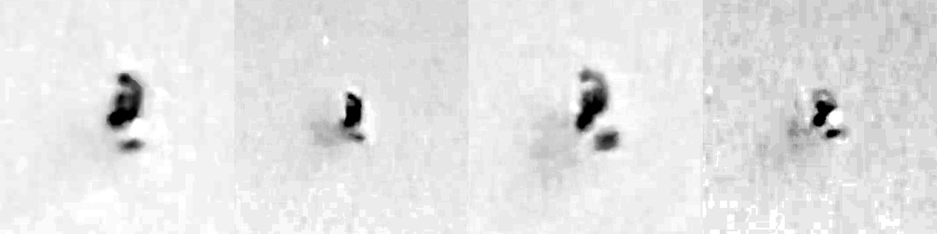 Four samples from the second and longer recording, the 46 second file carried on Reddit. The same two part dark object appears, and alongside it a bright patch that comes and goes as the object turns. This is the feature the reporter described as a force field and as brief streaks of light. It behaves as a specular highlight on a reflective surface rather than as emitted light, appearing on one edge at a time and vanishing as the assembly rotates.