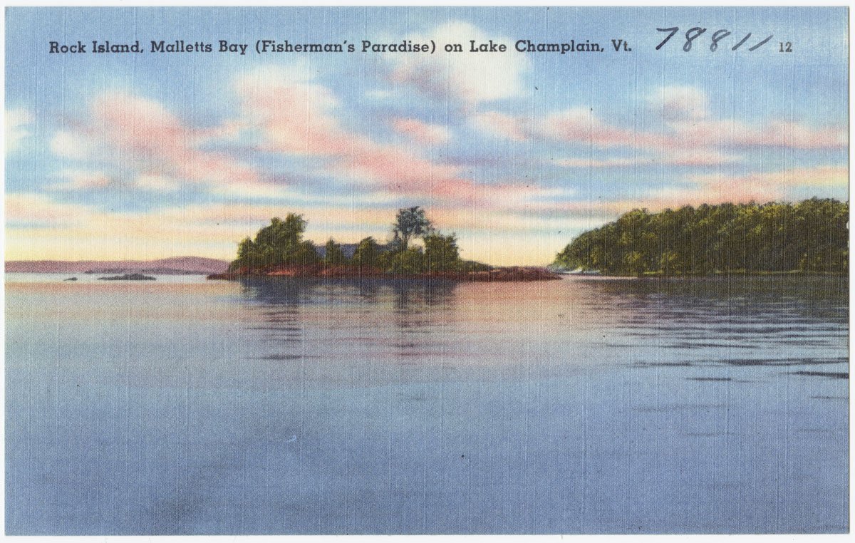 A vintage postcard of Malletts Bay on Lake Champlain, the setting of Buff Ledge Camp where two staff members reported the 1968 encounter over the water. No photograph of the object exists.
