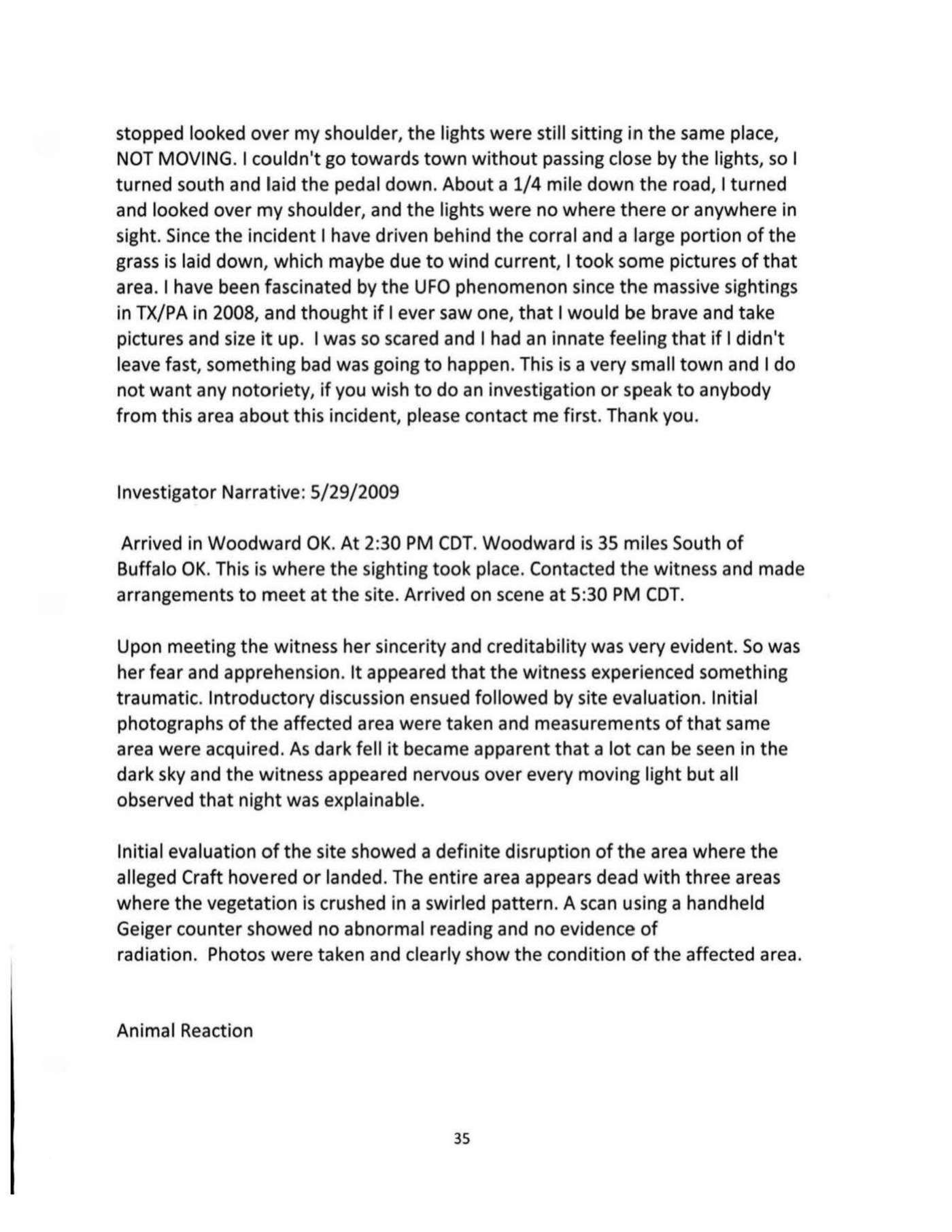 The investigator's narrative of 29 May 2009, recording his arrival from Woodward, his assessment of the witness, the three swirled patches of crushed vegetation at the site, and the negative Geiger counter scan.