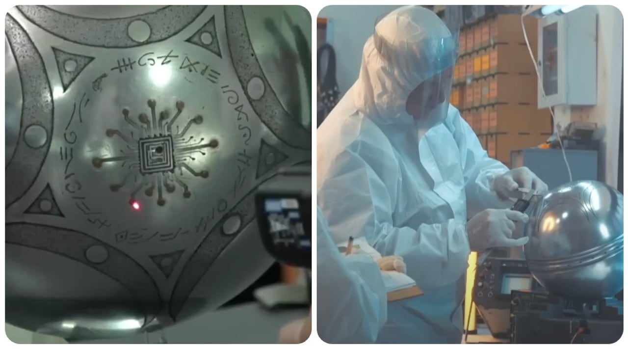 El Pais Cali coverage of the recovered-object presentation: the engraved sphere shown in Colombia (left) and researchers measuring a sphere in a cleanroom (right). This is presentation media from the promoters; weigh it per the assessment.