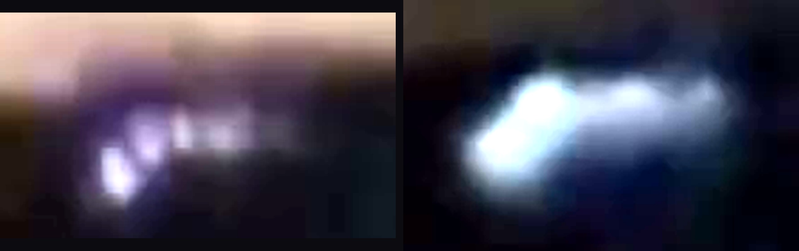 The same light source at two moments of the original reel, both crops enlarged by the same method. On the left, with sunset colour still in the sky, it resolves into five or six separate white points strung along a line below the ridge silhouette. On the right, a little later with the sky darker and the phone zoomed further in, the identical group has bloomed into one saturated elongated mass with no internal structure. The change is in the camera and the ambient light, not in the object.