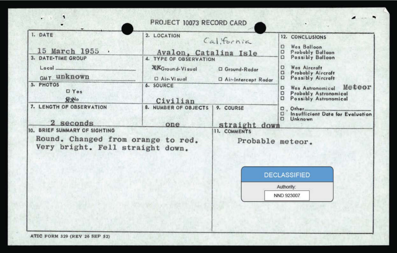 Project 10073 Record Card for the sighting of 15 March 1955 at Avalon, Catalina Isle, California. One object, two seconds, course straight down, described as round and changing from orange to red. The Air Force marked the conclusion Was Astronomical and wrote Meteor beside it, with the comment Probable meteor.