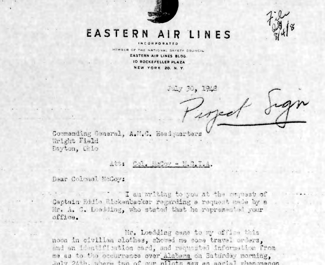 Eastern Air Lines letter of 30 July 1948 from 10 Rockefeller Plaza to the Commanding General, Air Materiel Command, Wright Field, for the attention of Col. McCoy, written at the request of Captain Eddie Rickenbacker after Project Sign engineer A. C. Loedding called at the airline's office seeking information on the 24 July encounter. Annotated "Project Sign" in pencil (National Archives microfilm via archive.org).