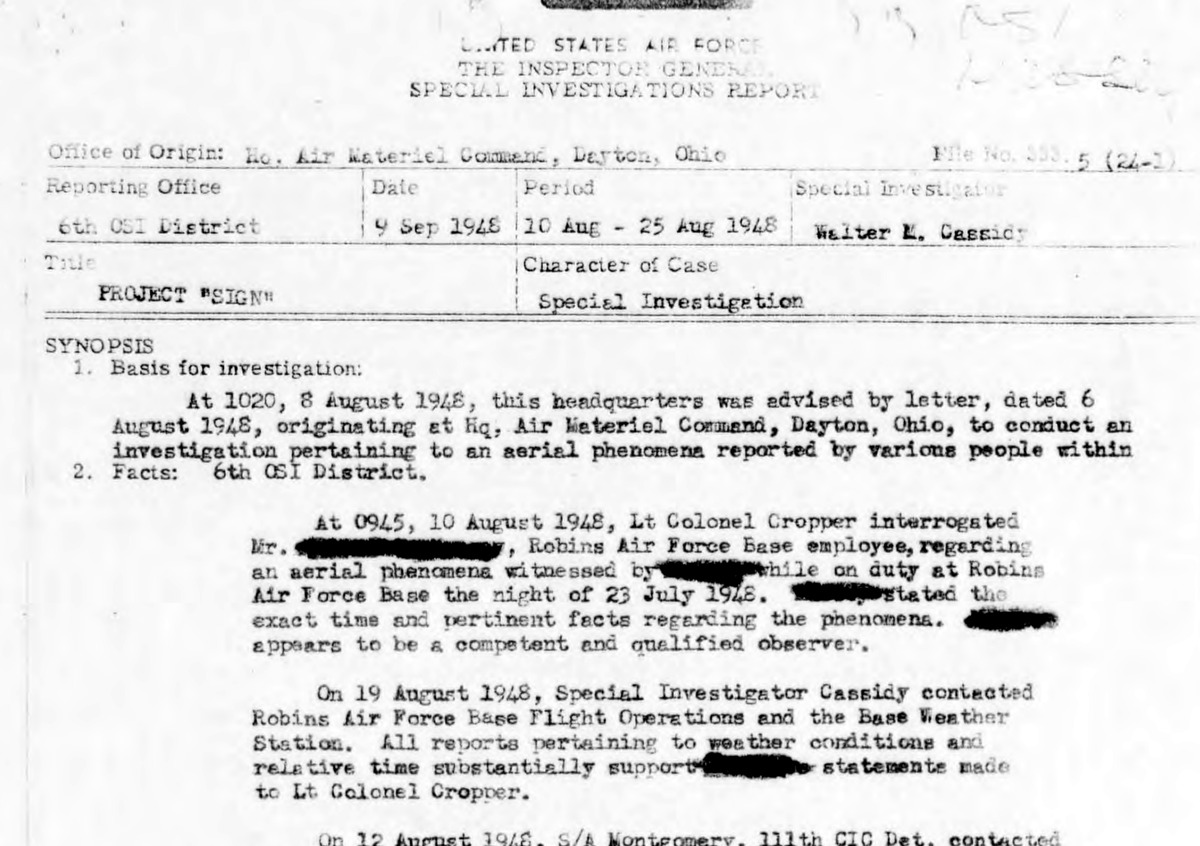 United States Air Force Inspector General Special Investigations Report, 6th OSI District, dated 9 September 1948, titled Project "SIGN". Special investigator Walter M. Cassidy, approved by Lt Col Eugene C. Cropper. This is the page recording that observers canvassed at the Atlanta Naval Air Base agreed the phenomenon resembled a shooting star "despite the fact that course and altitude did not correspond to the characteristics of such an aerial phenomena" (National Archives microfilm via the Project Blue Book collection at archive.org).