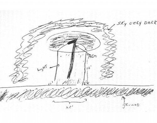 The land surveyor's own hand-drawn sketch of the dome-topped object he and his wife watched hovering over their field in Claremont, New Hampshire on 30 July 1968. The drawing is labeled by the witness: "SKY VERY DARK" at upper right, "LIGHT" pointing at the downward beam, "ARM" at the projection descending from the object, "GROUND" at the field line, and "20'" marking the width of the lit circle on the ground. This is a witness sketch, not a photograph; no photograph of the object exists.