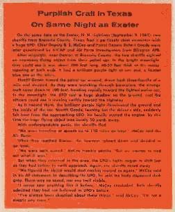 Scan of the 1967 TRUE magazine feature page headlined "Purplish Craft in Texas On Same Night as Exeter," recounting Deputy Goode and Chief Deputy McCoy's 3 September 1965 encounter on Highway 36 near Damon. This is a real contemporary magazine document, not a sketch or a render.