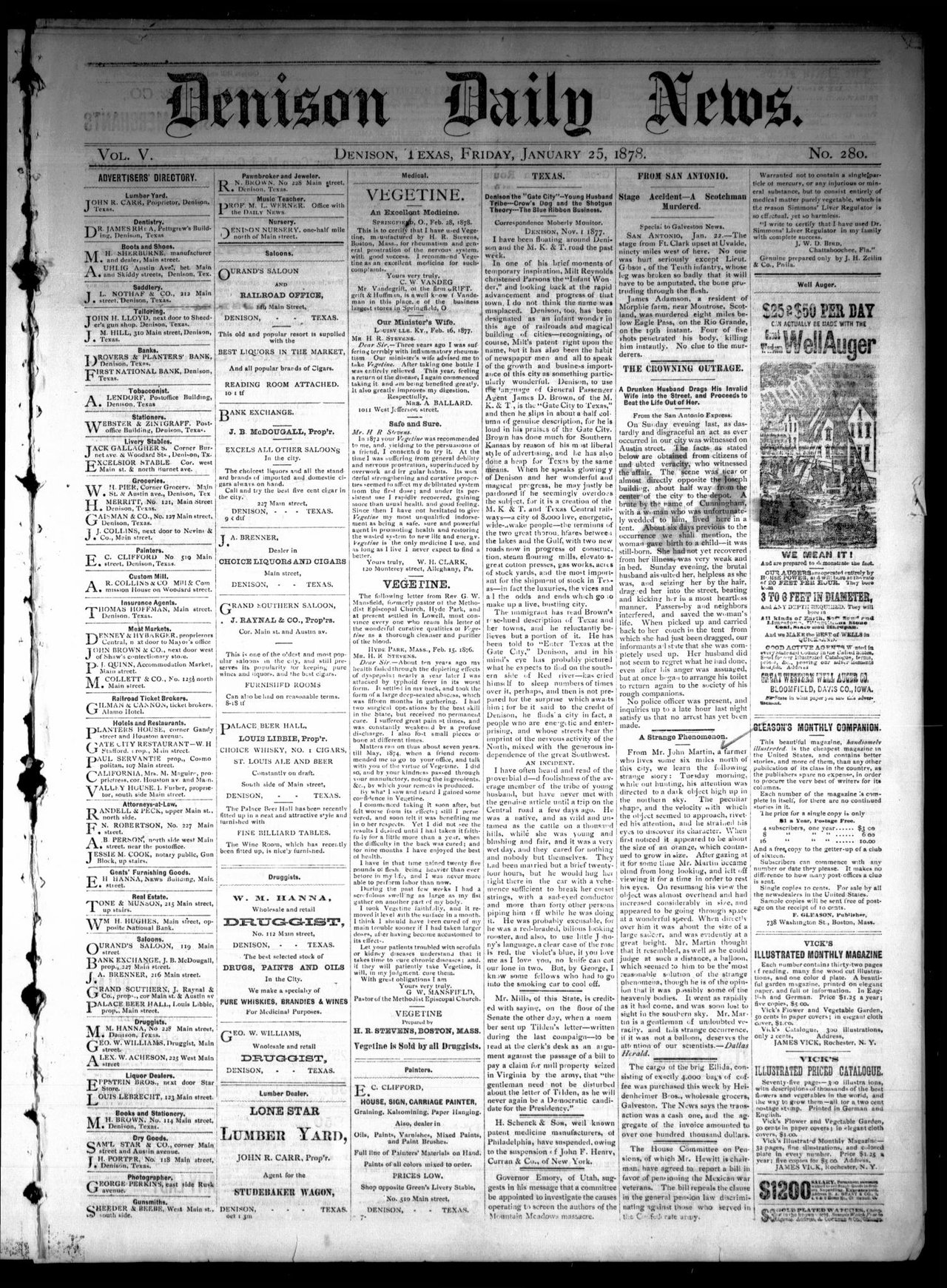 Front page of the Denison Daily News, Vol. 5 No. 280, Friday 25 January 1878, the issue that carried "A Strange Phenomenon," the original first-hand report of John Martin's daylight sighting south of Denison, Texas. This is the authentic period newspaper page, not a recreation or rendering.