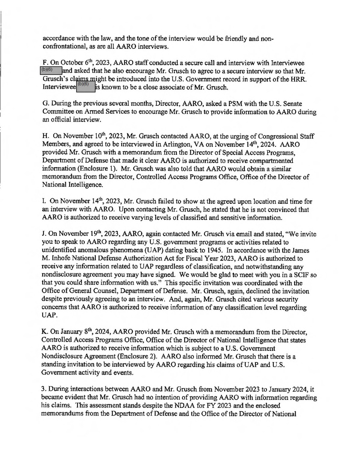 Page five of the AARO chronology released under FOIA case 24-F-0266. Paragraph J carries the verbatim invitation AARO sent David Grusch on 19 November 2023, stating that under the FY2023 NDAA it is "authorized to receive any information related to UAP regardless of classification, and notwithstanding any nondisclosure agreement you may have signed". Paragraph H dates the agreed interview to November 2024 and paragraph I to November 2023; the 2024 is a typo in the original document.