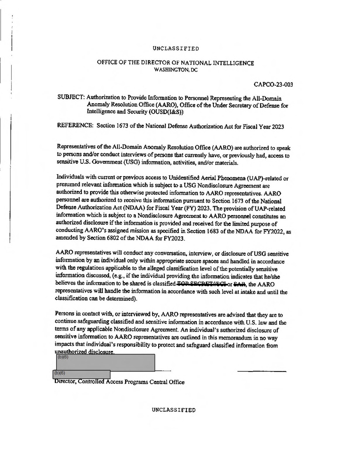 Memorandum CAPCO-23-003 of the Office of the Director of National Intelligence, referencing Section 1673 of the National Defense Authorization Act for Fiscal Year 2023 and authorizing individuals bound by a U.S. Government nondisclosure agreement to provide UAP information to AARO representatives. It was given to David Grusch on 8 January 2024, two years and eight months before the Department of War announced its PURSUE waiver. The struck-through classification markings are in the released copy.