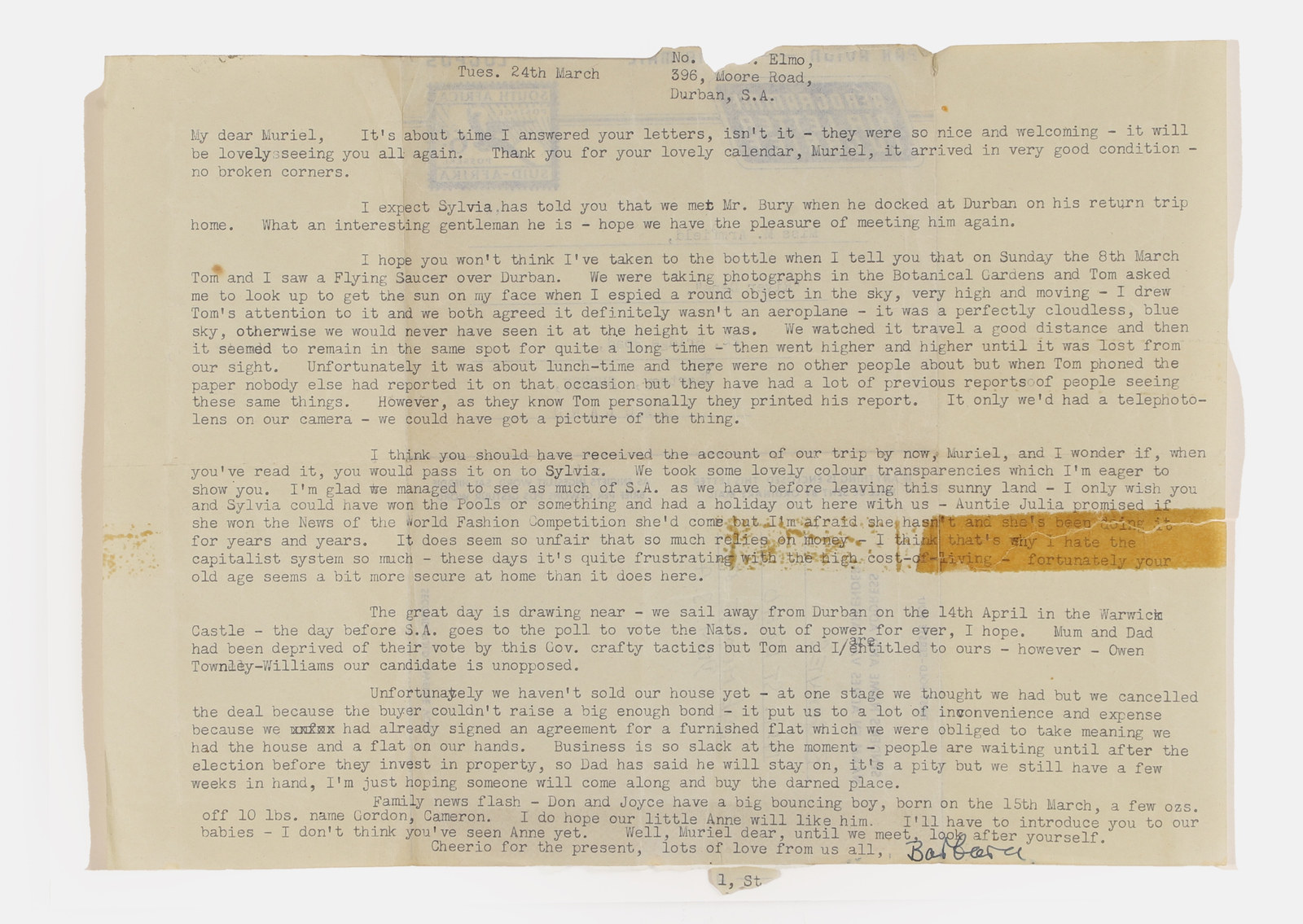 The letter itself: the typed airmail sheet Barbara Graves sent from 396 Moore Road, Durban to Muriel Armfield in Chertsey, Surrey, headed "Tues. 24th March" and describing the round object she and Tom watched over the Botanic Gardens on Sunday 8 March 1953. The saucer paragraph is the third on the page. No photograph of the object exists; the witnesses had no telephoto lens.