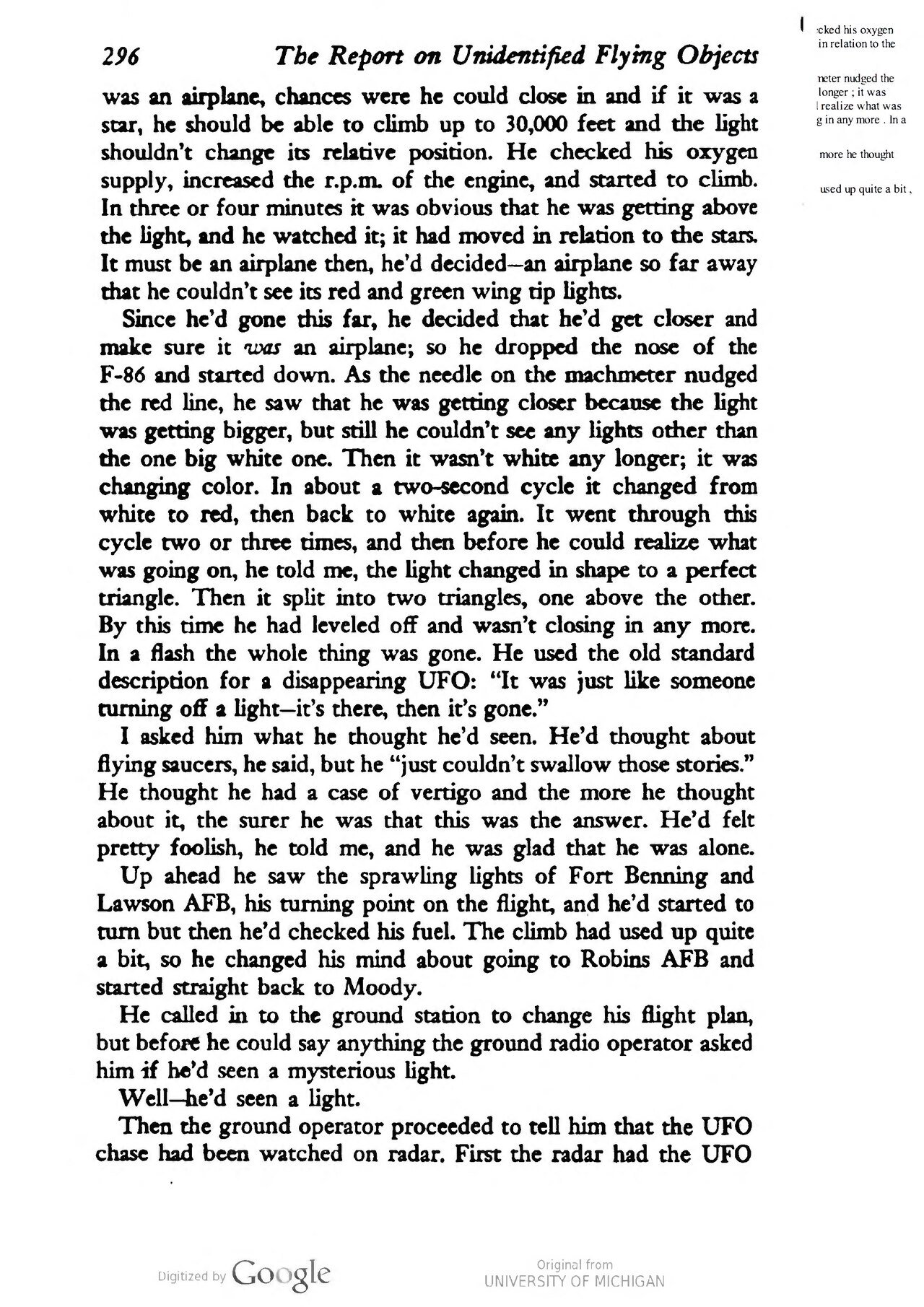 Scanned page 302 of Edward J. Ruppelt's 1956 book "The Report on Unidentified Flying Objects" (Doubleday first edition), the page that records the F-86 pilot's account of the white light changing "in shape to a perfect triangle" and splitting "into two triangles, one above the other." This is a primary document, not a depiction of the object; no photograph of the 28 January 1953 sighting exists.