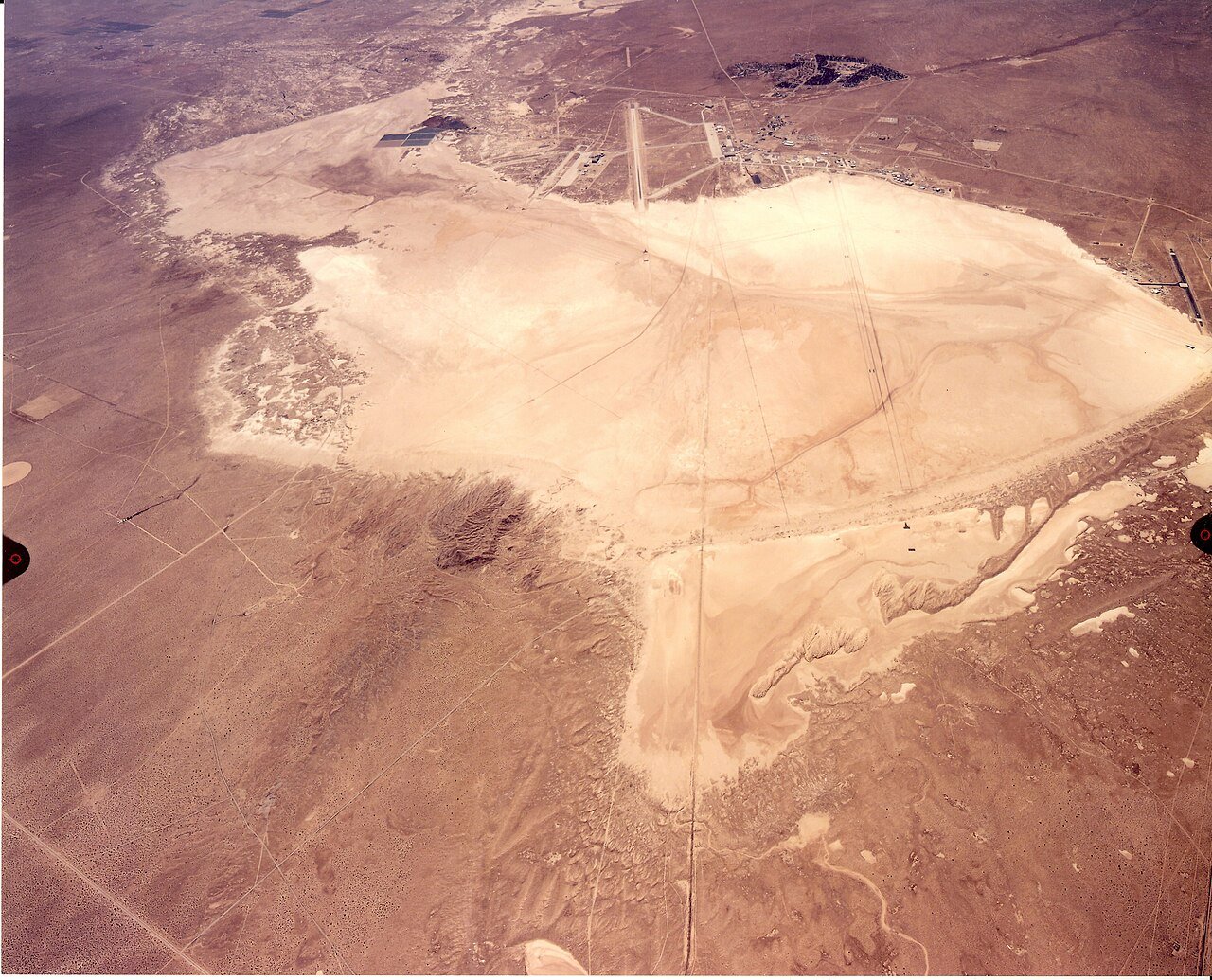 An overhead aerial of Rogers Dry Lake at Edwards Air Force Base, the Mojave Desert lakebed setting of the alleged 1971 crash-retrieval claim. This is a real US Air Force photo of the location, not an image of the supposed craft. No authentic photograph of the claimed event exists.
