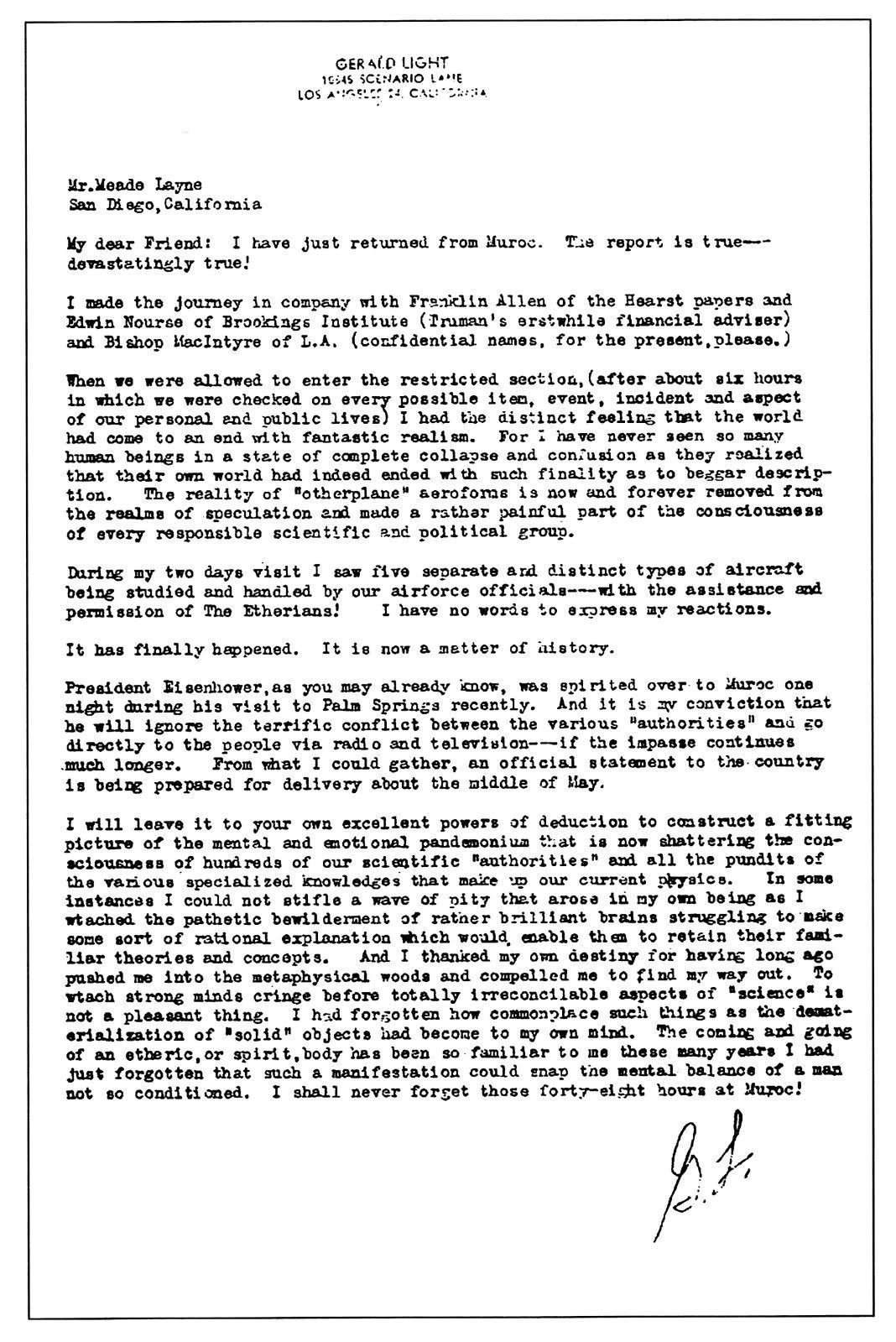 Scan of the original typed letter from Gerald Light ("Dr. Kappa") to Meade Layne, dated 16 April 1954, the single foundational document behind the entire Eisenhower-meets-aliens legend. This is a real archival document, not a recreation or illustration. It contains the "President Eisenhower was spirited over to Muroc one night" line and Light's claim to have seen "five separate and distinct types of aircraft" with the "Etherians."