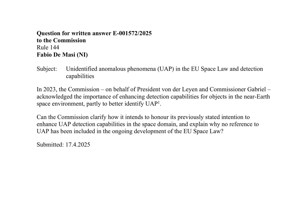 Page one of European Parliament written question E-001572/2025, "Unidentified anomalous phenomena (UAP) in the EU Space Law and detection capabilities," tabled under Rule 144 by MEP Fabio De Masi (NI) and submitted on 17 April 2025. Document reference PE773.507v01-00. Its footnote is the thread that leads back to the Commission letter Euronews reported on: it cites a PDF released through the AsktheEU freedom of information portal.