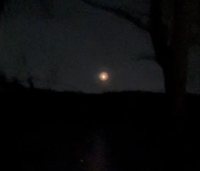 A still frame from Officer Robert Klein's own phone video as broadcast by NewsNation, identified as such in the Metabunk analysis thread where it was posted. It shows a small bright orange-white point of light low over a dark treeline, with a reflected glitter trail on the water below and bare branches at the right of frame. This is NOT an image of the close-range sphere Klein described. He began recording only after the object had already relocated to the far bank of the reservoir, so no imagery of the thirty-foot encounter exists.