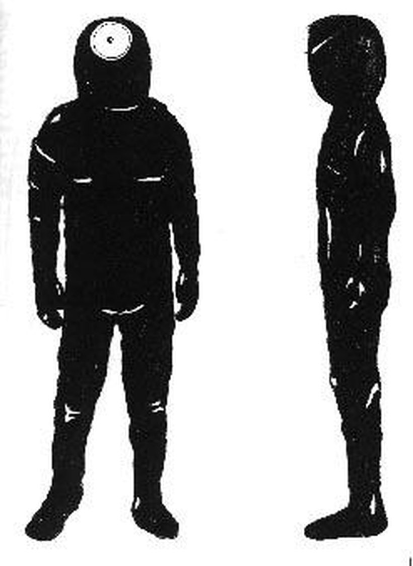Witness reconstruction (line drawing, not a photograph) of the dark humanoid figure Isidoro Ferri reported on the hilltop at Polcanto, shown front and side, with the single round lamp or beacon on its head matching his description of the helmet that poured out the first light beam.