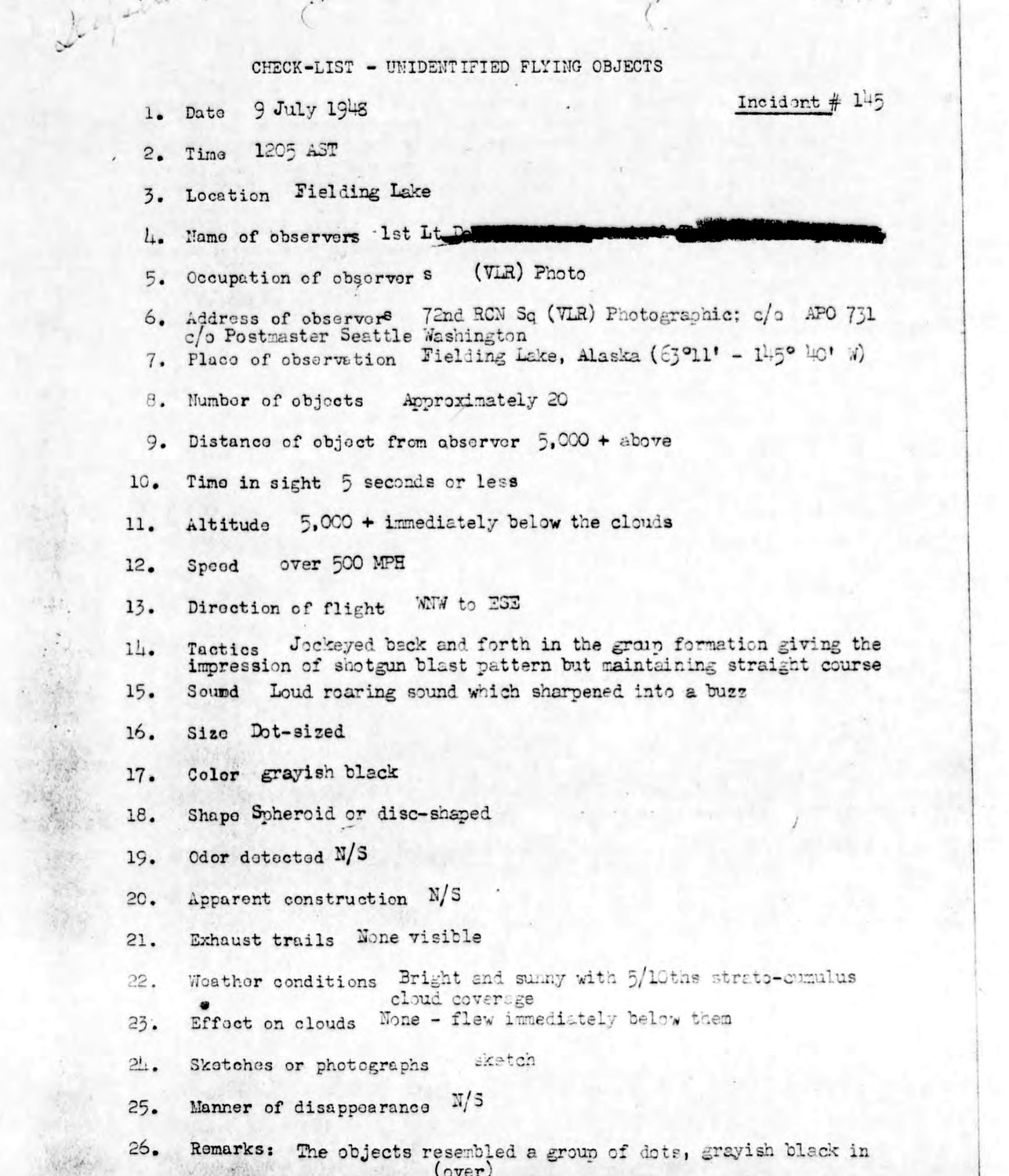 The Blue Book check-list for Incident 145. Item seven gives the place of observation as Fielding Lake, Alaska, with coordinates, while the file itself is indexed as Fielding Lake, Wash. Item six shows the likely source of that error, the squadron's APO 731 care of Postmaster Seattle Washington routing address. The form also records time in sight as five seconds or less, colour grayish black, shape spheroid or disc-shaped, exhaust trails none visible, and sound as a loud roaring sound which sharpened into a buzz.