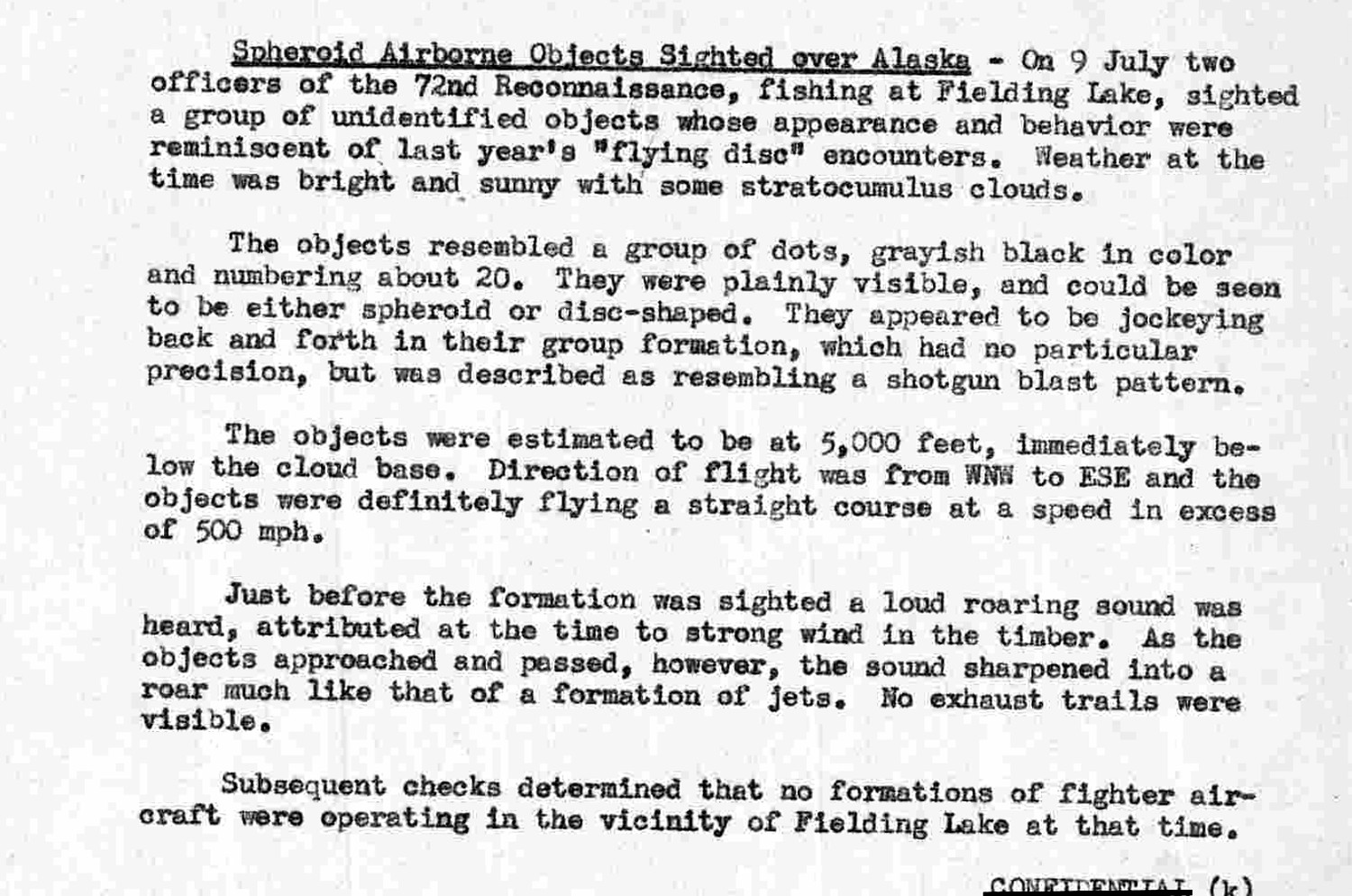 The passage as it appears in the Fifth Air Force Estimate of the Situation covering 7 August to 4 September 1948, under the heading Spheroid Airborne Objects Sighted over Alaska. This version carries the sentence absent from the squadron letter: subsequent checks determined that no formations of fighter aircraft were operating in the vicinity of Fielding Lake at that time. The document was declassified in full on 5 May 2025 and reached the public in August 2026.