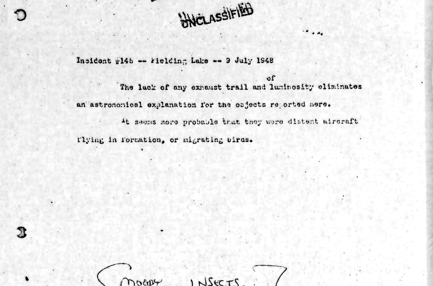 The evaluation of Incident 145 from Dr Hynek's Evaluations Extracted from Project Grudge Report, reproduced in full. It rules out an astronomical explanation on the grounds that there was no exhaust trail and no luminosity, then proposes distant aircraft flying in formation, or migrating birds. The bracketed pencil annotation below it reads Moody, insects, 5 seconds, daylight observation, a later staff note offering a different answer.