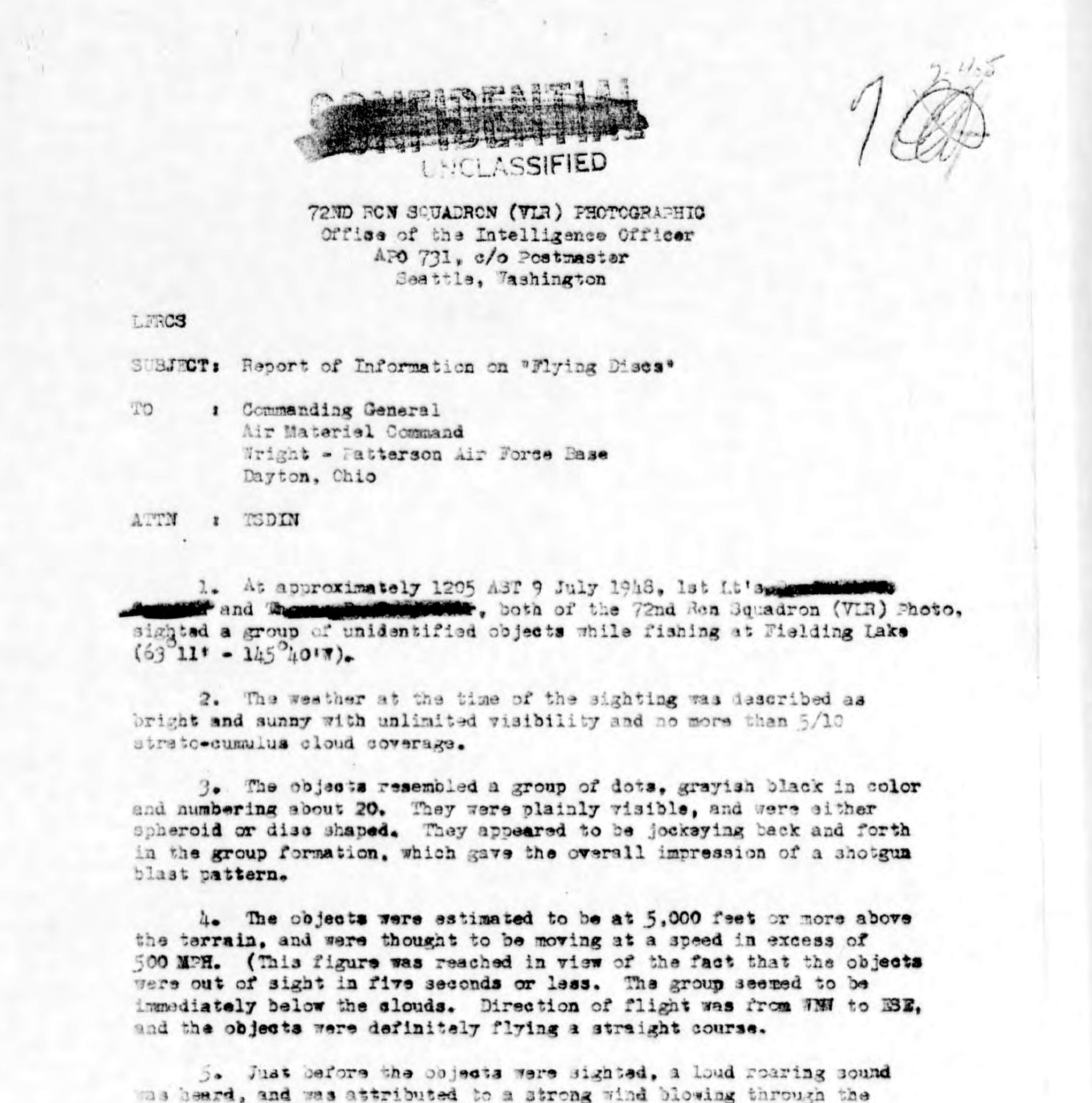 The first page of the original report, Office of the Intelligence Officer, 72nd Rcn Squadron (VLR) Photographic, subject Report of Information on "Flying Discs". Paragraph one gives the time as approximately 1205 AST on 9 July 1948 and the position as Fielding Lake at 63 degrees 11 minutes and 145 degrees 40 minutes west. Paragraph four contains the parenthesis that matters most in the case, recording that the speed in excess of 500 miles per hour was reached in view of the fact that the objects were out of sight in five seconds or less. The observers' names are redacted.