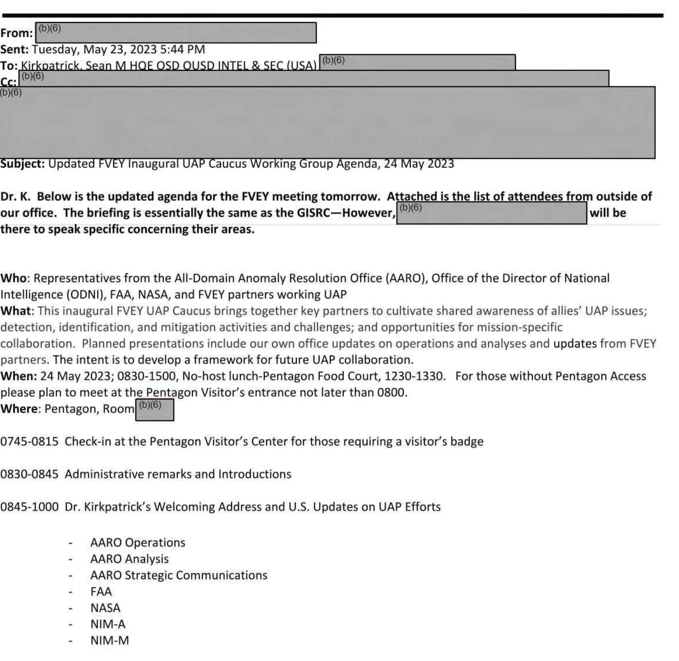 Page one of the agenda for the FVEY Inaugural UAP Caucus Working Group, circulated by email to AARO Director Sean M. Kirkpatrick on 23 May 2023 for the meeting held at the Pentagon the following day. The grey blocks are redactions applied under freedom of information exemption (b)(6), which covers personal privacy. The page sets out the participating agencies, the stated purpose of the caucus, and the morning running order.