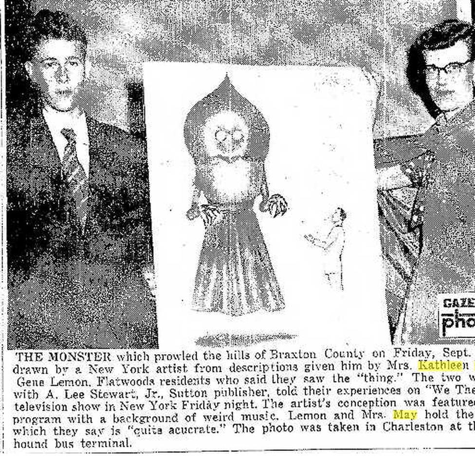 Witnesses Eugene Lemon (left) and Kathleen May (right) hold the artist’s drawing of the creature, made by a New York sketch artist from their descriptions for the "We the People" television broadcast and published in the Charleston Gazette in September 1952. The pair called it "quite accurate" at the time, though May later said the artist added arms she never described.