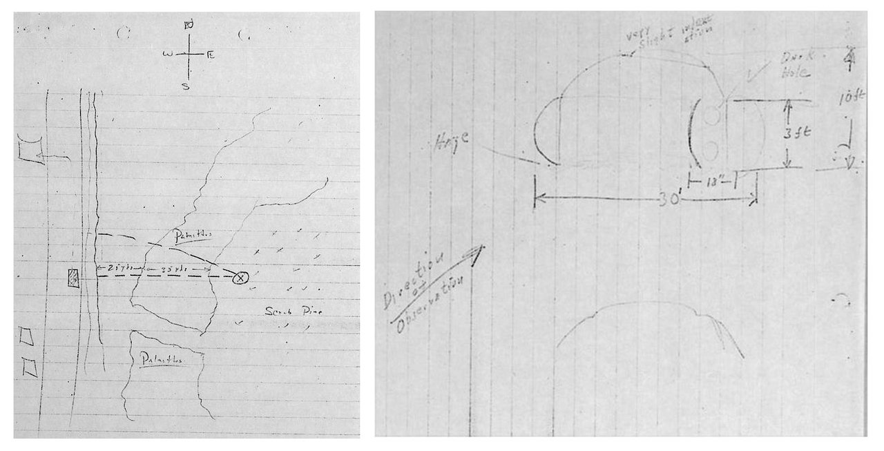 Sketch of the hovering object drawn by scoutmaster D.S. "Sonny" DesVergers for the Project Blue Book investigation in 1952, showing the disc with a domed turret and vaned rim he described. This is the witness's own drawing from the official case file, not a photograph of the object.